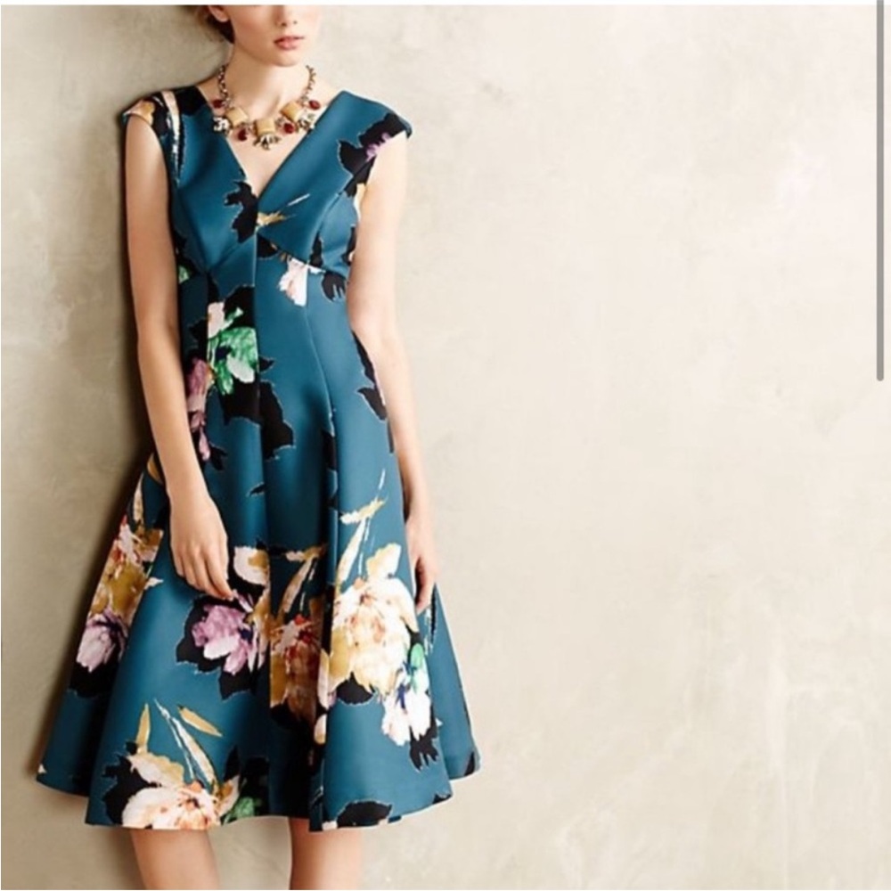 Anthropologie Moulinette Soeurs Baikal Teal Floral Tea Length Fit & Flare Size 2